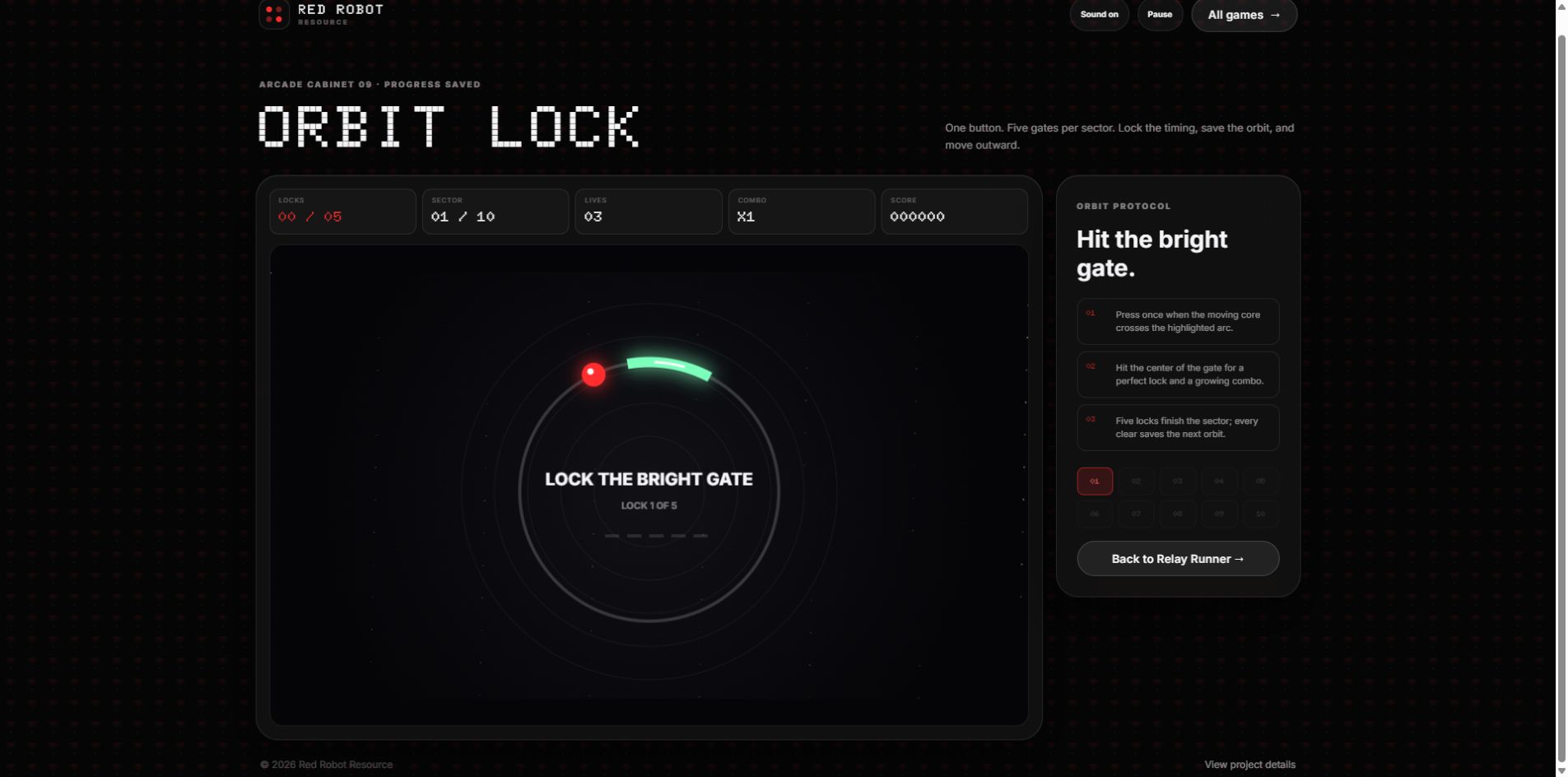 Orbit Lock timing game with a moving core and bright target gate