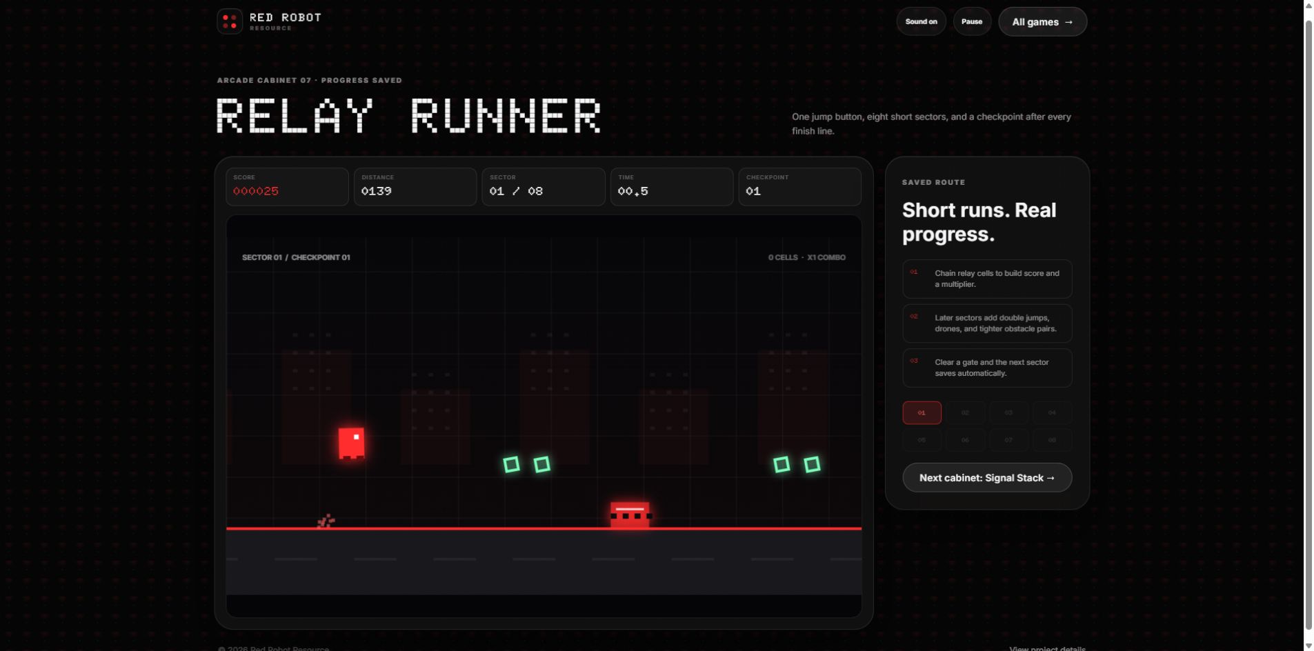 Relay Runner active sector with a glowing obstacle ahead